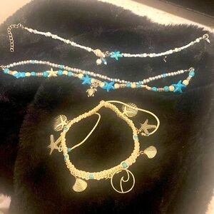 Bracelet with two anklets braces like macramé with a bunch of sea life charm new